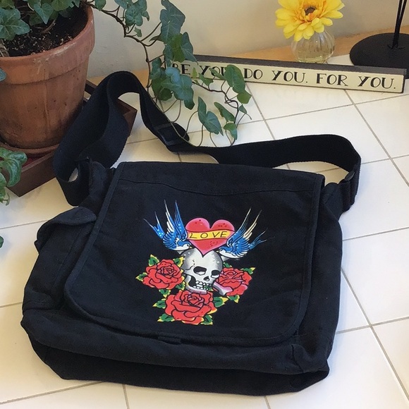 Other - ‘Route 66’ Black Canvas w/Skull Appliqué Messenger Bag